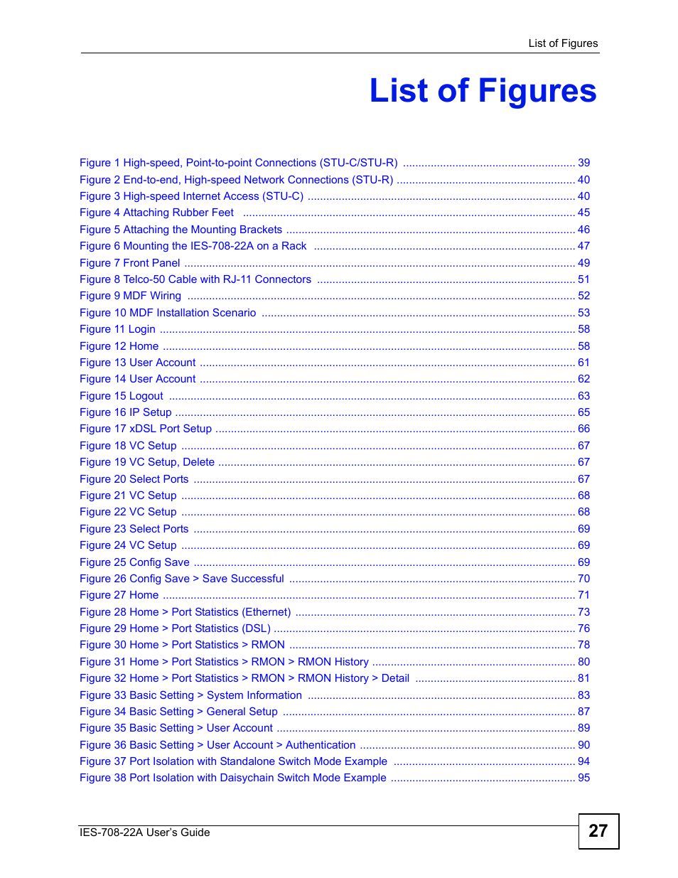 List of figures | ZyXEL Communications IES-708-22A User Manual | Page 27 / 448