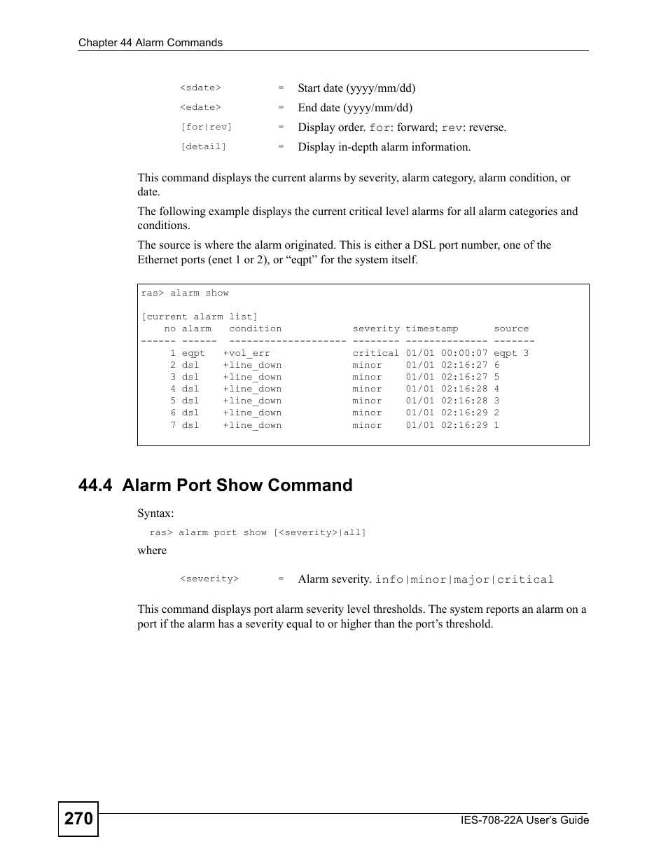 4 alarm port show command | ZyXEL Communications IES-708-22A User Manual | Page 270 / 448