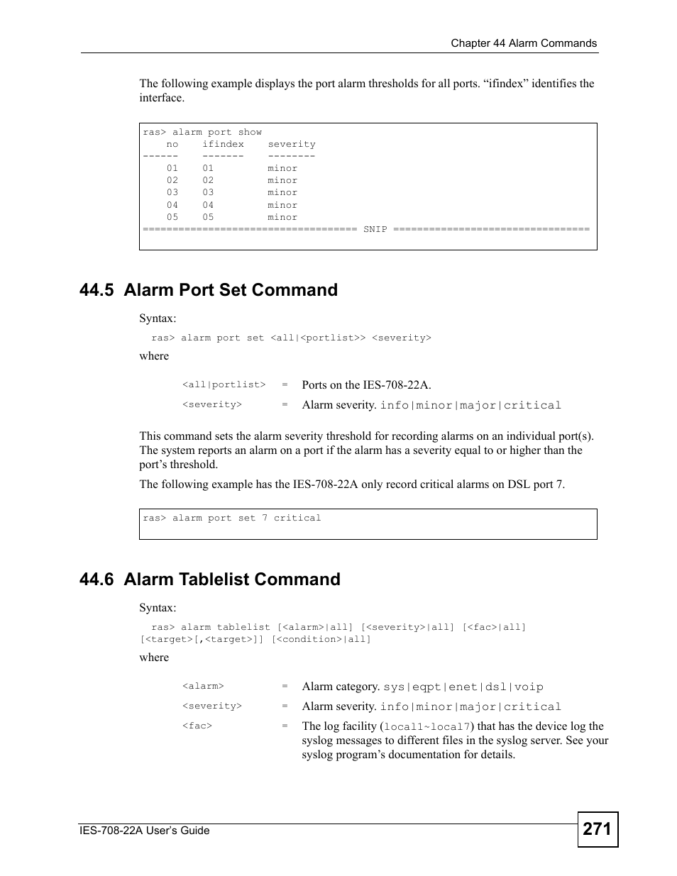 5 alarm port set command, 6 alarm tablelist command | ZyXEL Communications IES-708-22A User Manual | Page 271 / 448