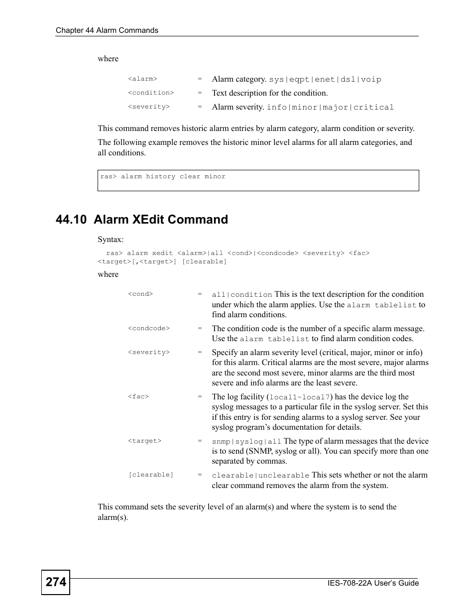 10 alarm xedit command | ZyXEL Communications IES-708-22A User Manual | Page 274 / 448