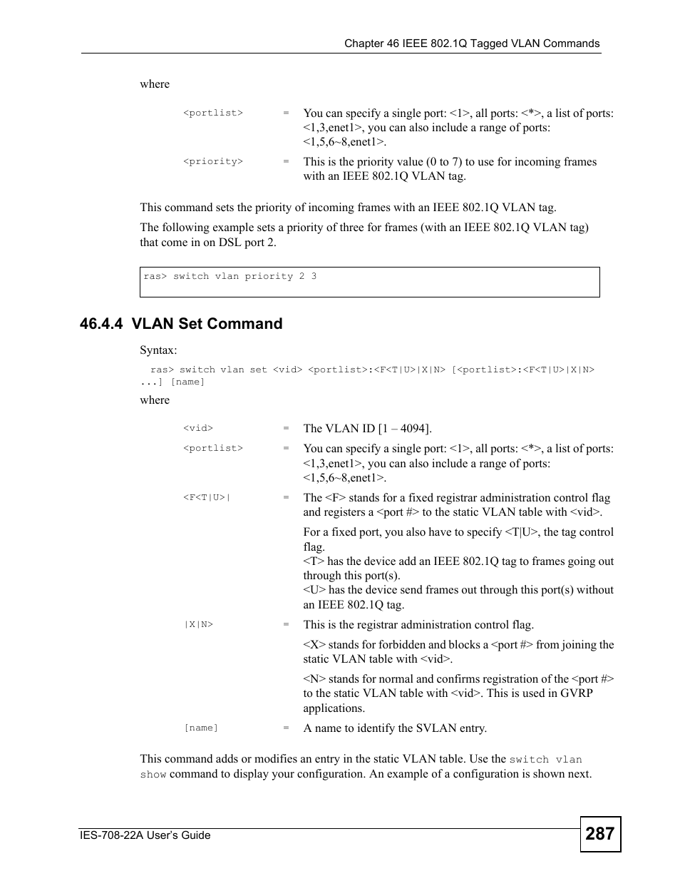 4 vlan set command | ZyXEL Communications IES-708-22A User Manual | Page 287 / 448