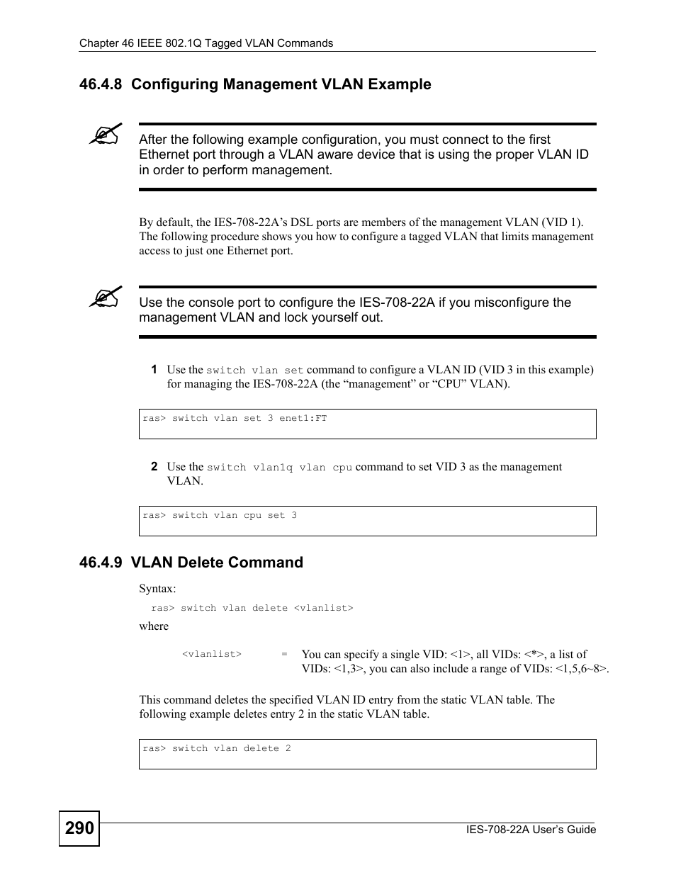 8 configuring management vlan example, 9 vlan delete command | ZyXEL Communications IES-708-22A User Manual | Page 290 / 448