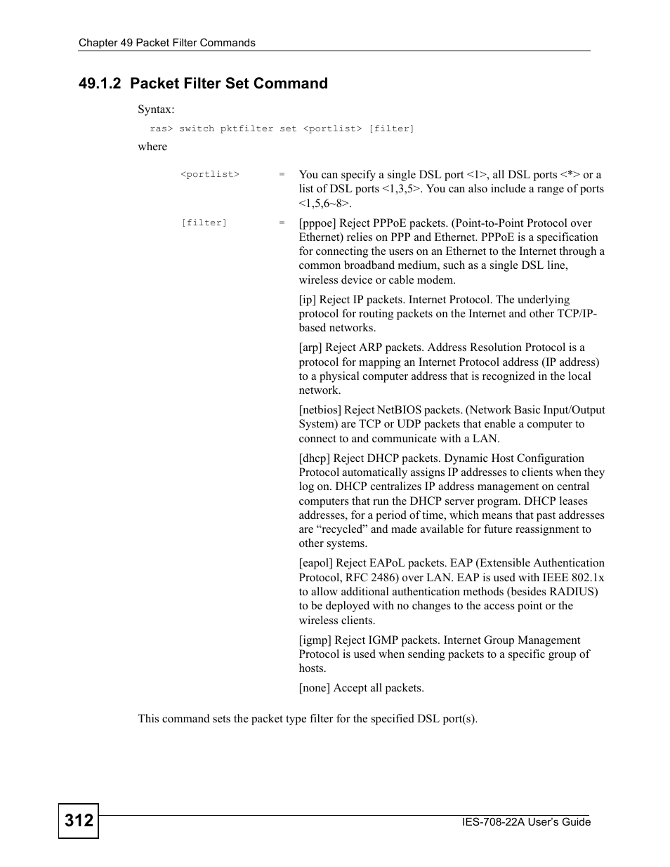 2 packet filter set command | ZyXEL Communications IES-708-22A User Manual | Page 312 / 448