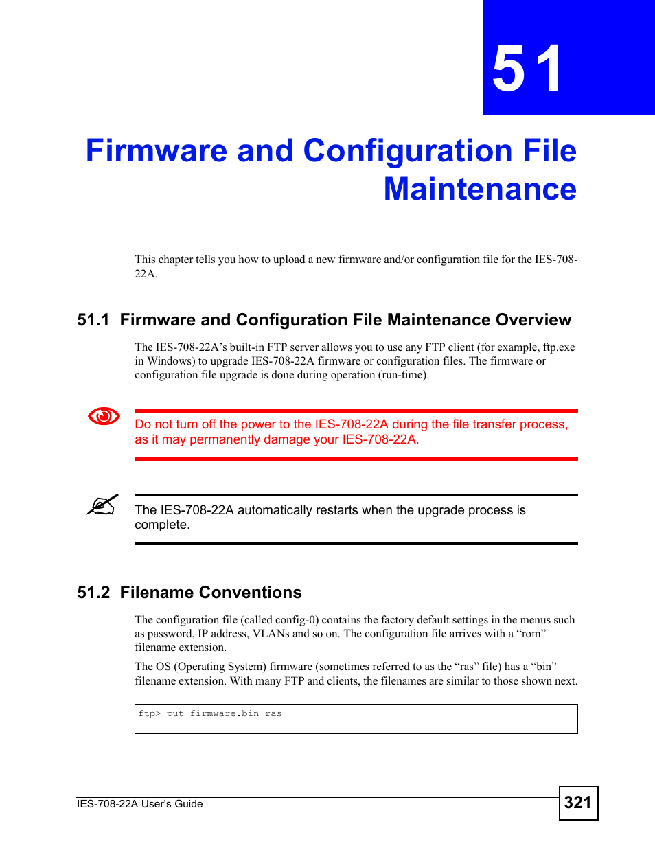 Firmware and configuration file maintenance, 2 filename conventions, Firmware and configuration file maintenance (321) | ZyXEL Communications IES-708-22A User Manual | Page 321 / 448