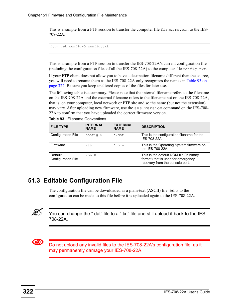 3 editable configuration file, Table 93 filename conventions | ZyXEL Communications IES-708-22A User Manual | Page 322 / 448