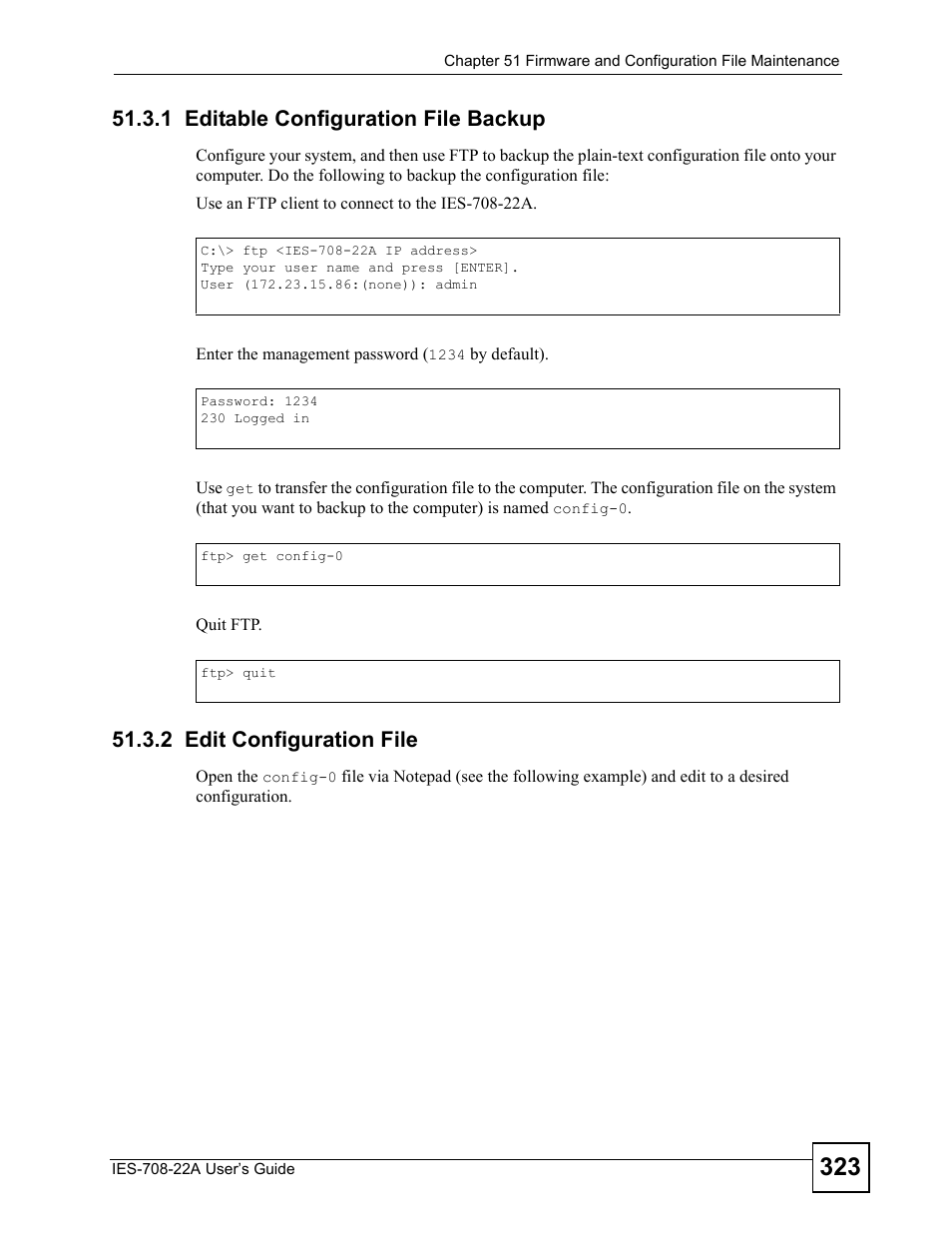 1 editable configuration file backup, 2 edit configuration file | ZyXEL Communications IES-708-22A User Manual | Page 323 / 448