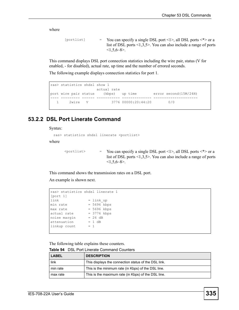 2 dsl port linerate command, Table 94 dsl port linerate command counters | ZyXEL Communications IES-708-22A User Manual | Page 335 / 448