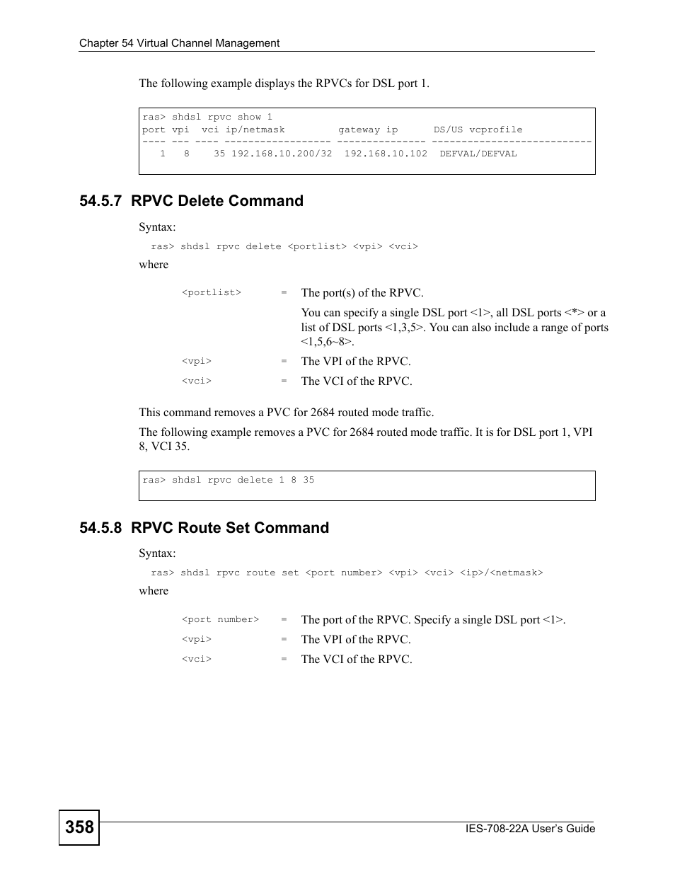 7 rpvc delete command, 8 rpvc route set command | ZyXEL Communications IES-708-22A User Manual | Page 358 / 448