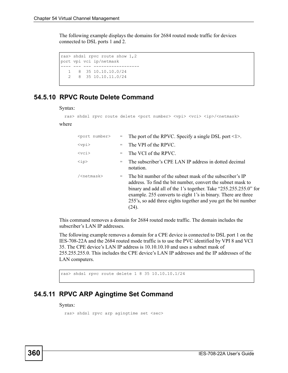 10 rpvc route delete command, 11 rpvc arp agingtime set command | ZyXEL Communications IES-708-22A User Manual | Page 360 / 448