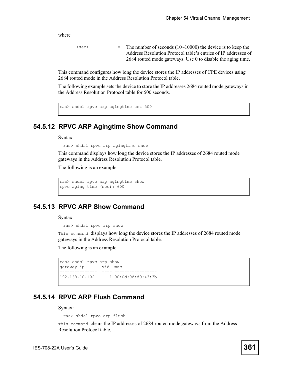12 rpvc arp agingtime show command, 13 rpvc arp show command, 14 rpvc arp flush command | ZyXEL Communications IES-708-22A User Manual | Page 361 / 448