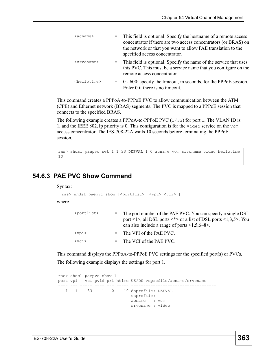 3 pae pvc show command | ZyXEL Communications IES-708-22A User Manual | Page 363 / 448