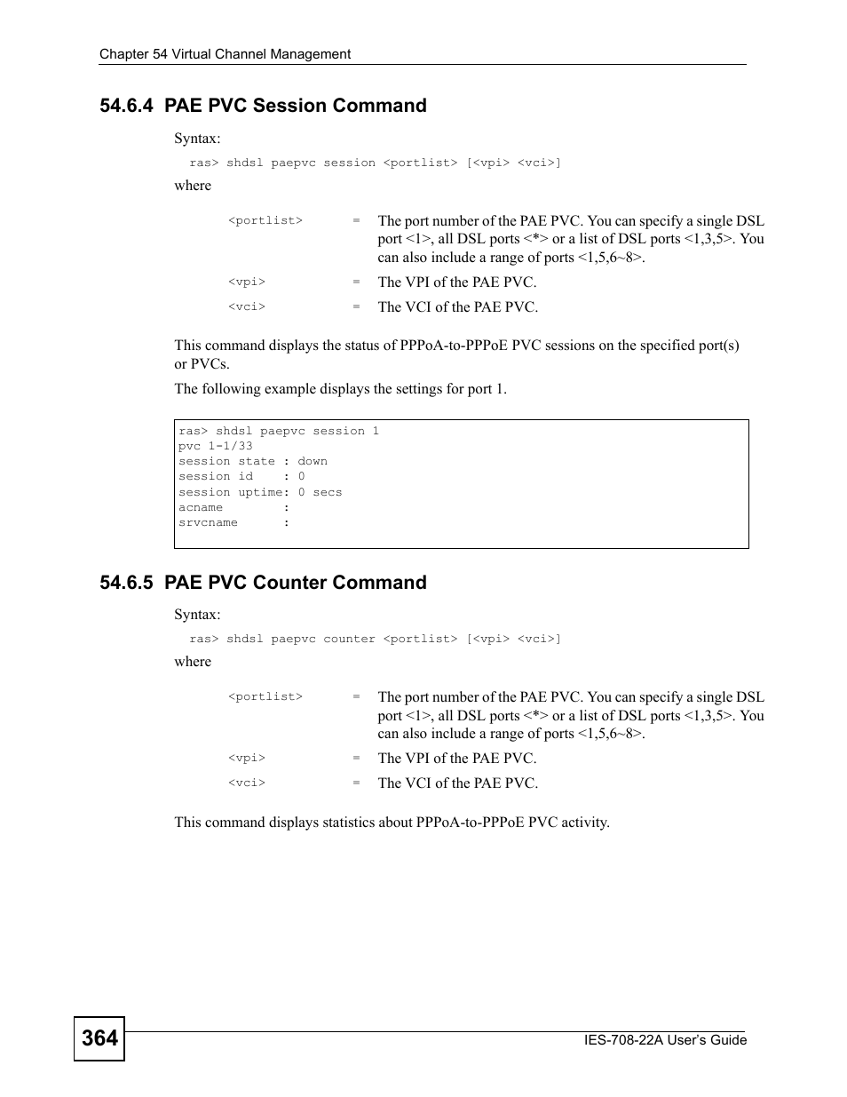 4 pae pvc session command, 5 pae pvc counter command | ZyXEL Communications IES-708-22A User Manual | Page 364 / 448