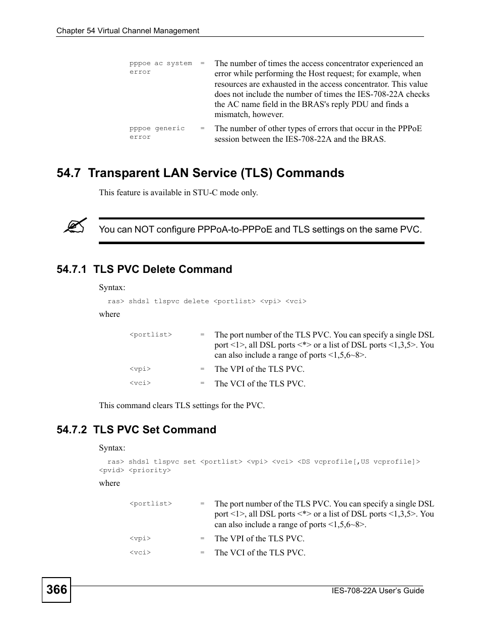 7 transparent lan service (tls) commands, 1 tls pvc delete command, 2 tls pvc set command | ZyXEL Communications IES-708-22A User Manual | Page 366 / 448