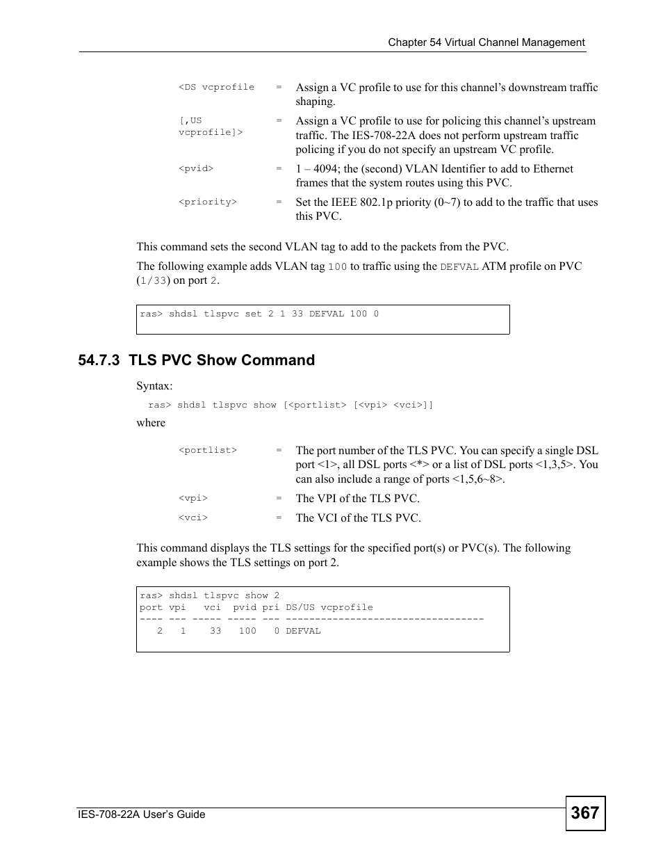 3 tls pvc show command | ZyXEL Communications IES-708-22A User Manual | Page 367 / 448