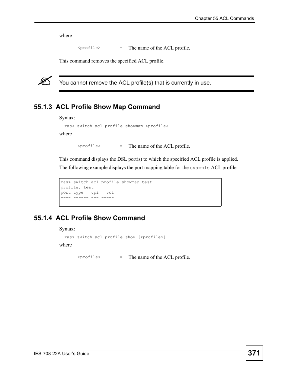 3 acl profile show map command, 4 acl profile show command | ZyXEL Communications IES-708-22A User Manual | Page 371 / 448