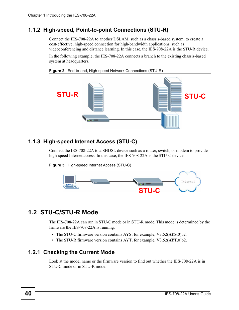 2 high-speed, point-to-point connections (stu-r), 3 high-speed internet access (stu-c), 2 stu-c/stu-r mode | 1 checking the current mode, Stu-r stu-c stu-c | ZyXEL Communications IES-708-22A User Manual | Page 40 / 448