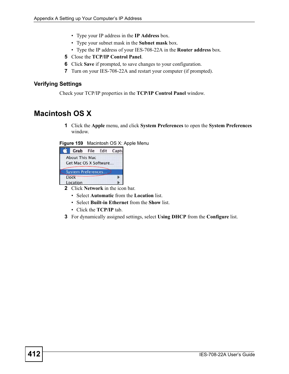 Figure 159 macintosh os x: apple menu, Macintosh os x | ZyXEL Communications IES-708-22A User Manual | Page 412 / 448