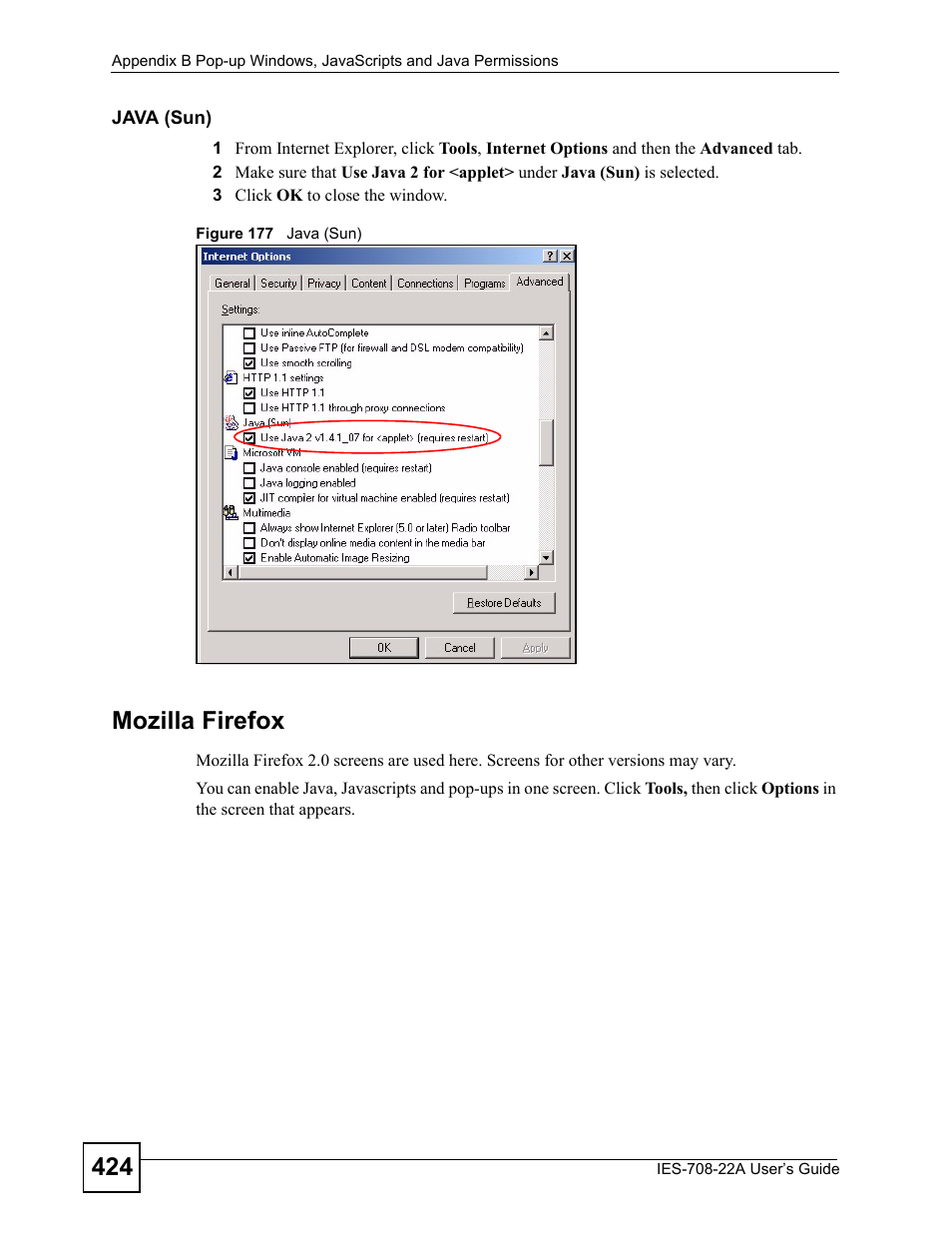 Figure 177 java (sun), Mozilla firefox | ZyXEL Communications IES-708-22A User Manual | Page 424 / 448