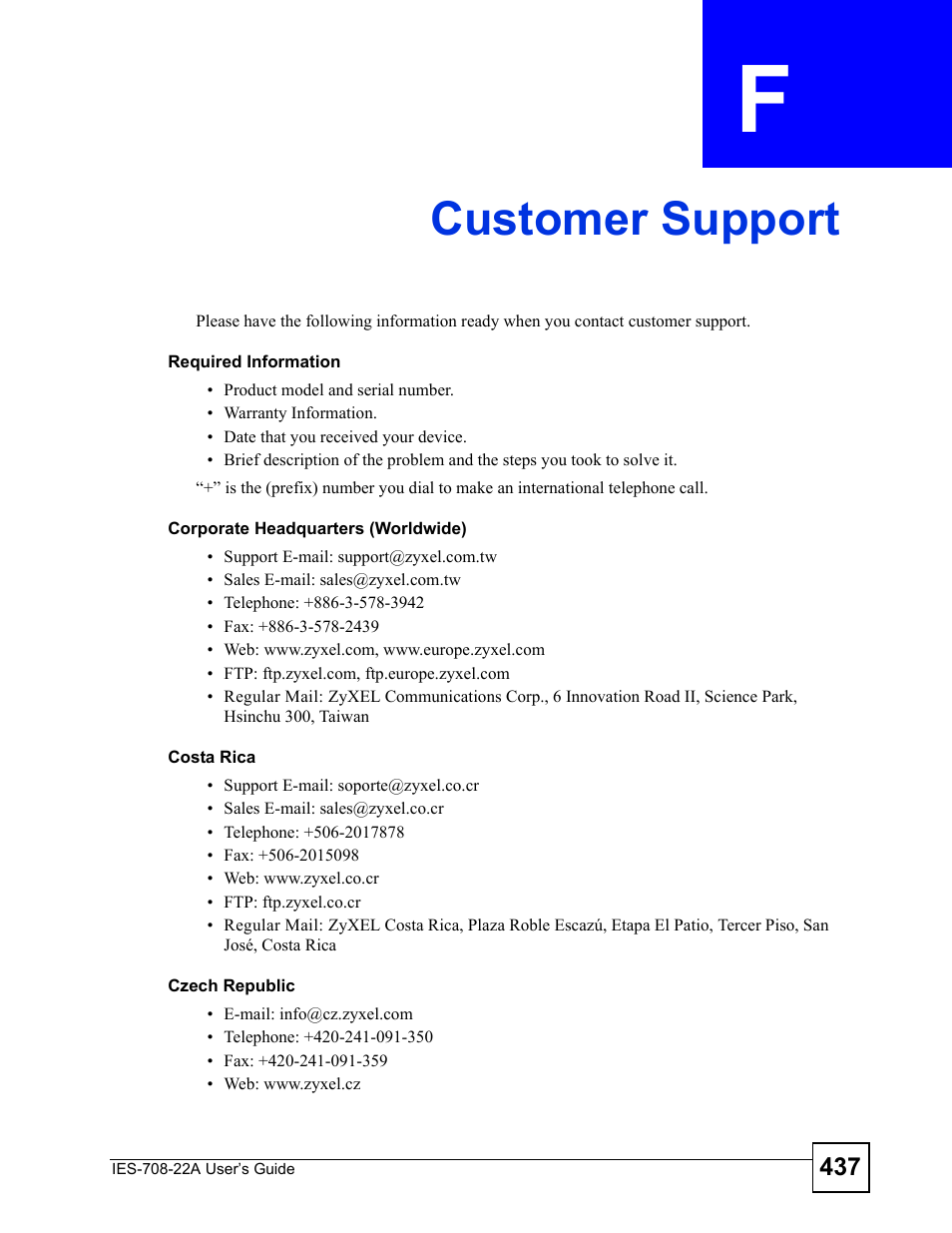 Customer support, Appendix f customer support, Customer support (437) | ZyXEL Communications IES-708-22A User Manual | Page 437 / 448