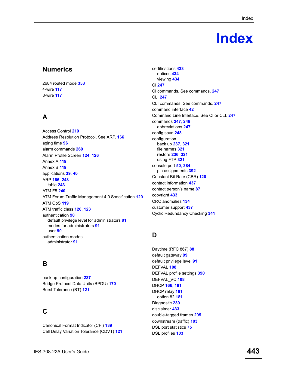 Index, Index (443), Numerics | ZyXEL Communications IES-708-22A User Manual | Page 443 / 448