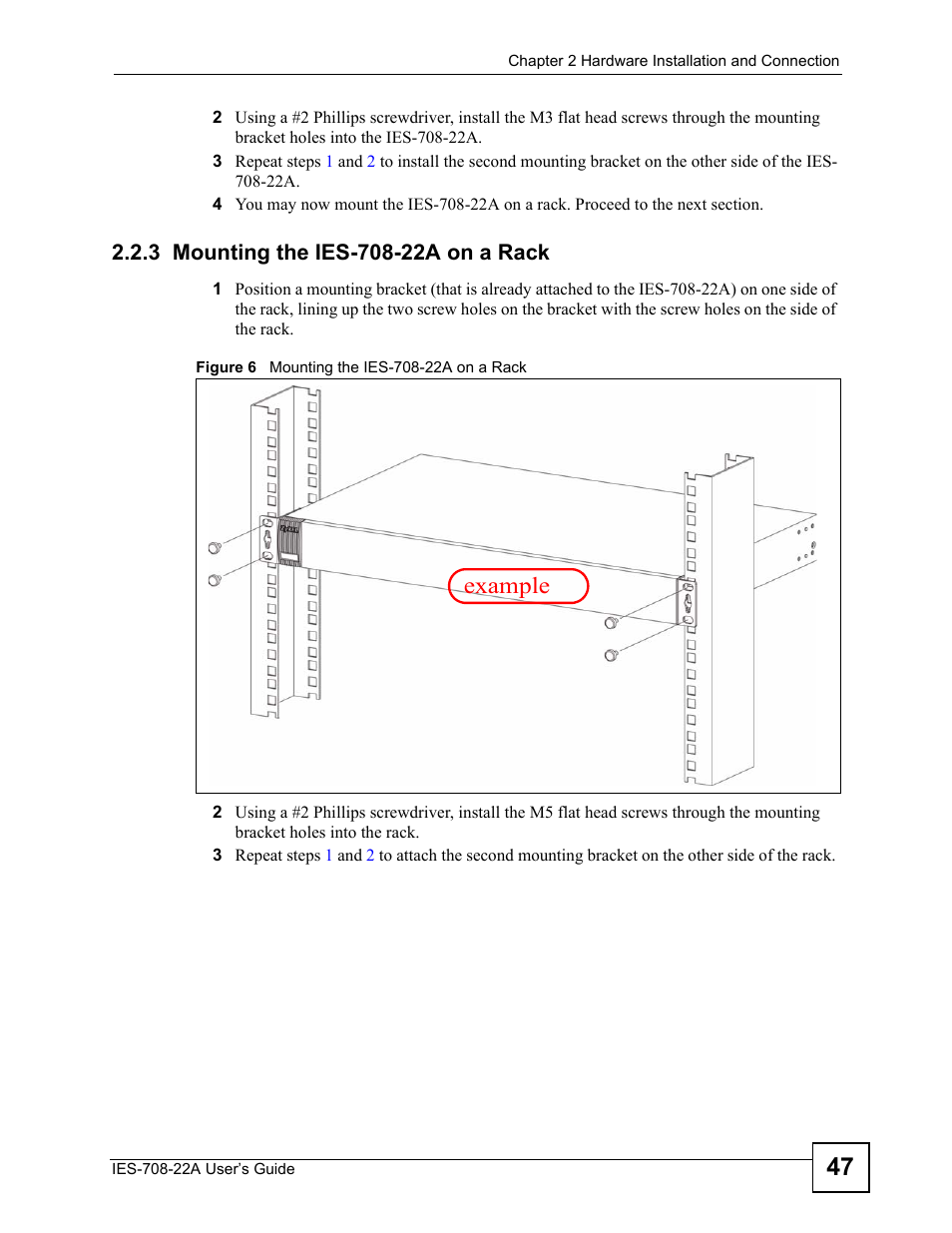 3 mounting the ies-708-22a on a rack, Figure 6 mounting the ies-708-22a on a rack, Example | ZyXEL Communications IES-708-22A User Manual | Page 47 / 448