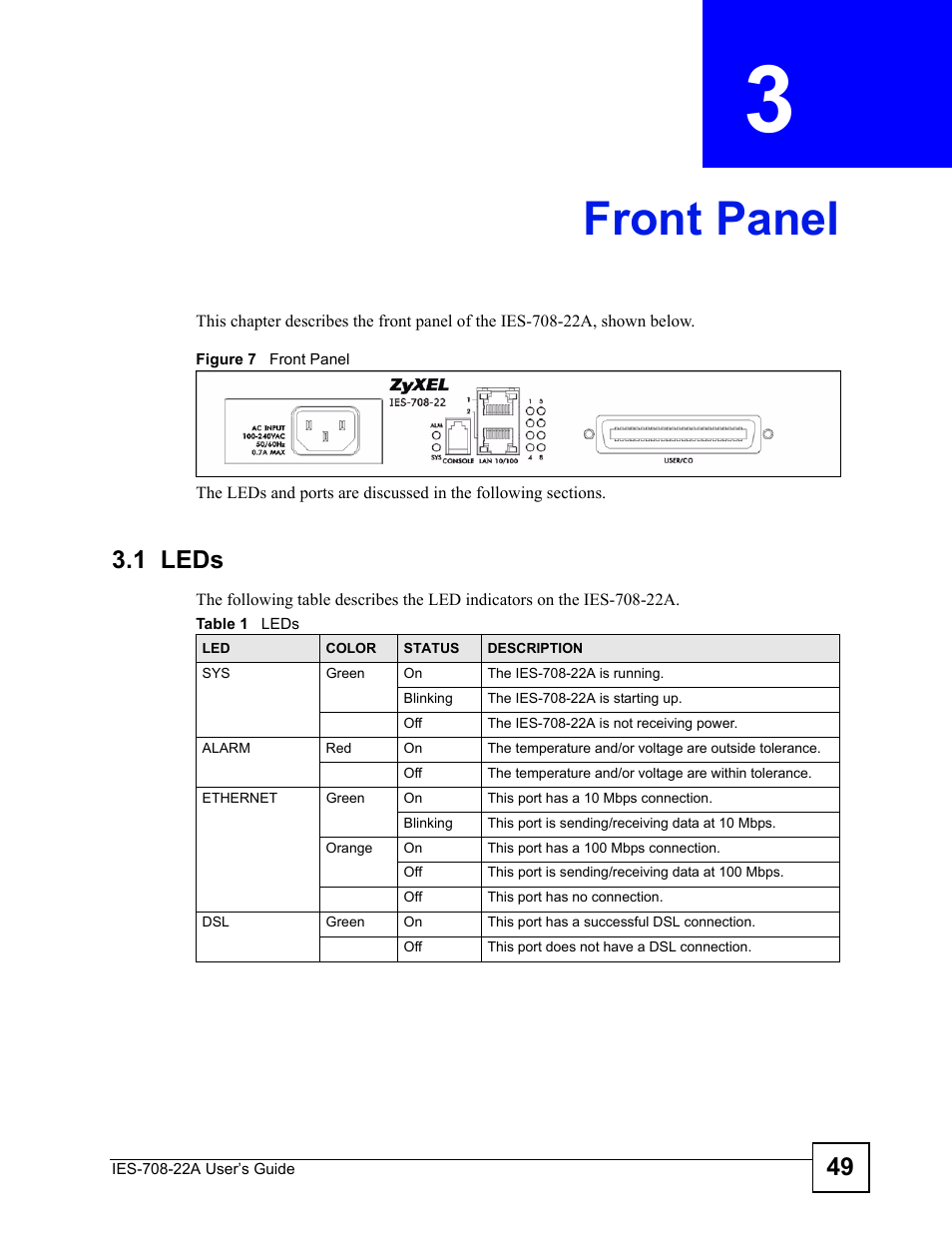 Front panel, 1 leds, Chapter 3 front panel | Figure 7 front panel, Table 1 leds | ZyXEL Communications IES-708-22A User Manual | Page 49 / 448