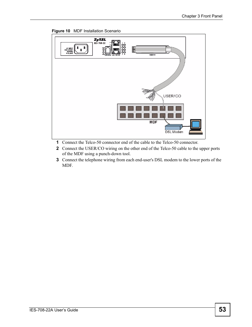 Figure 10 mdf installation scenario | ZyXEL Communications IES-708-22A User Manual | Page 53 / 448