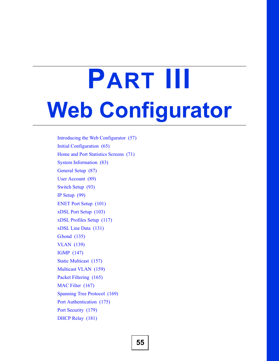 Web configurator, Part iii: web configurator | ZyXEL Communications IES-708-22A User Manual | Page 55 / 448