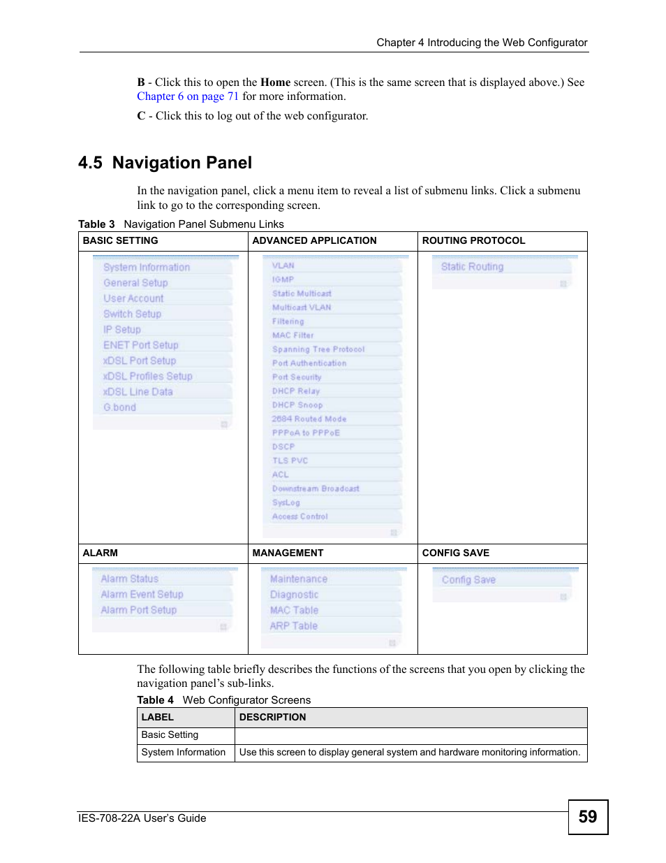 5 navigation panel | ZyXEL Communications IES-708-22A User Manual | Page 59 / 448