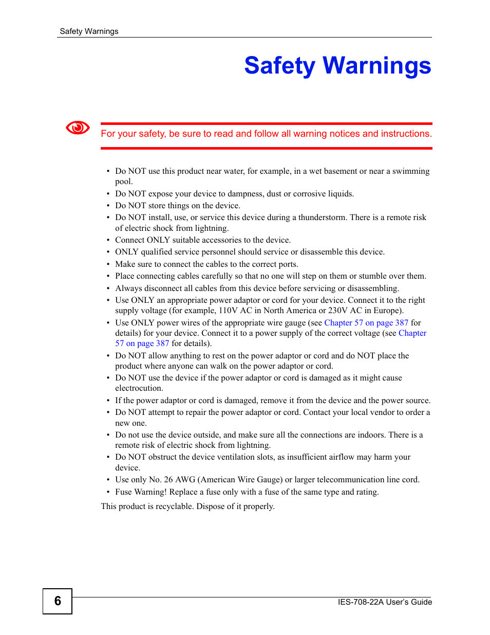 Safety warnings | ZyXEL Communications IES-708-22A User Manual | Page 6 / 448