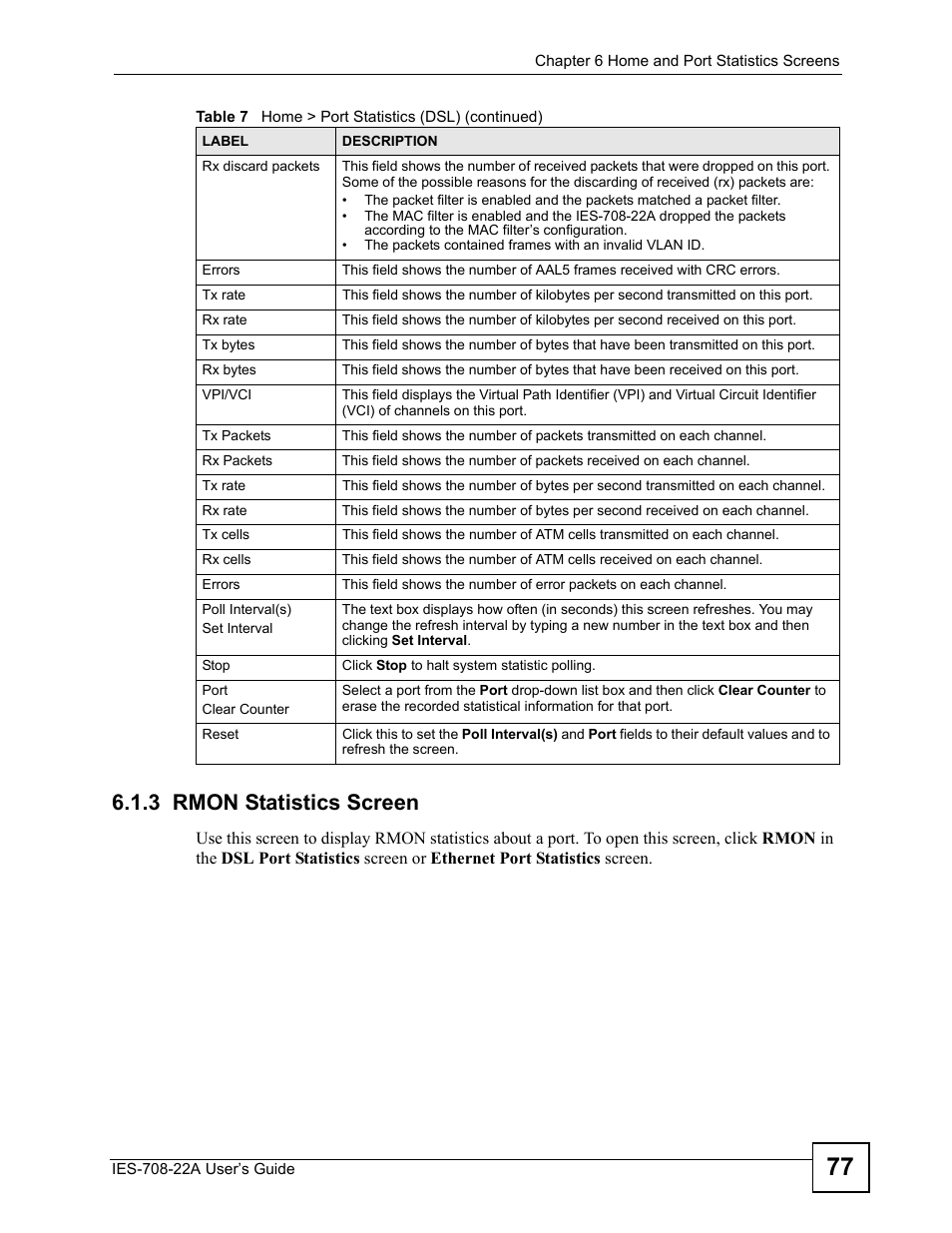 3 rmon statistics screen | ZyXEL Communications IES-708-22A User Manual | Page 77 / 448