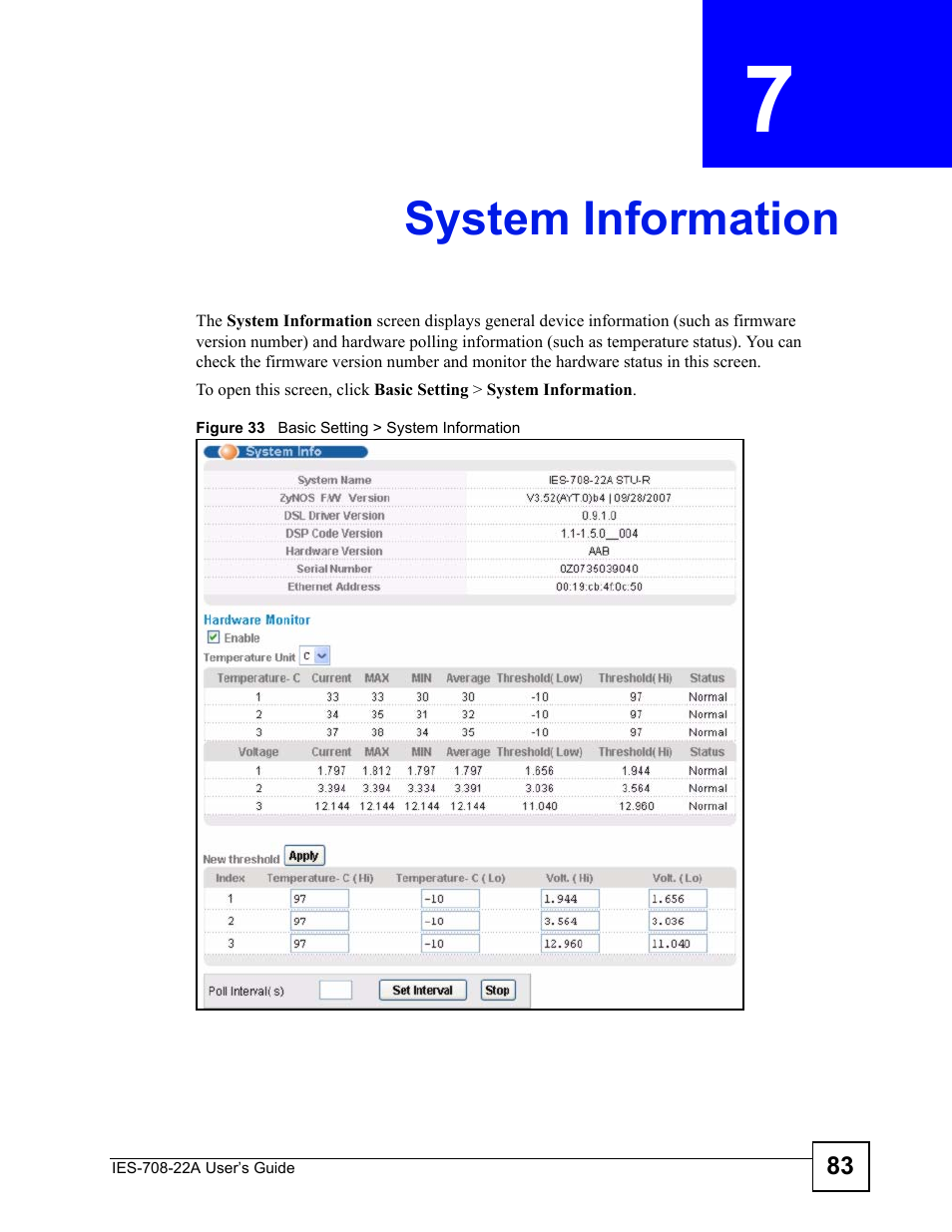 System information, Chapter 7 system information, Figure 33 basic setting > system information | System information (83) | ZyXEL Communications IES-708-22A User Manual | Page 83 / 448