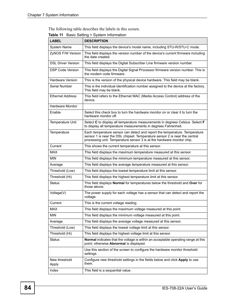 Table 11 basic setting > system information | ZyXEL Communications IES-708-22A User Manual | Page 84 / 448