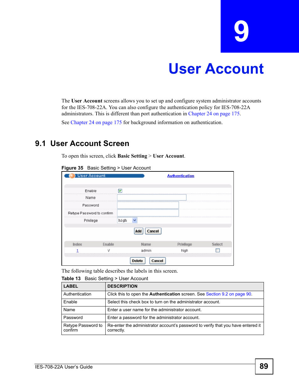 User account, 1 user account screen, Chapter 9 user account | Figure 35 basic setting > user account, Table 13 basic setting > user account, User account (89) | ZyXEL Communications IES-708-22A User Manual | Page 89 / 448