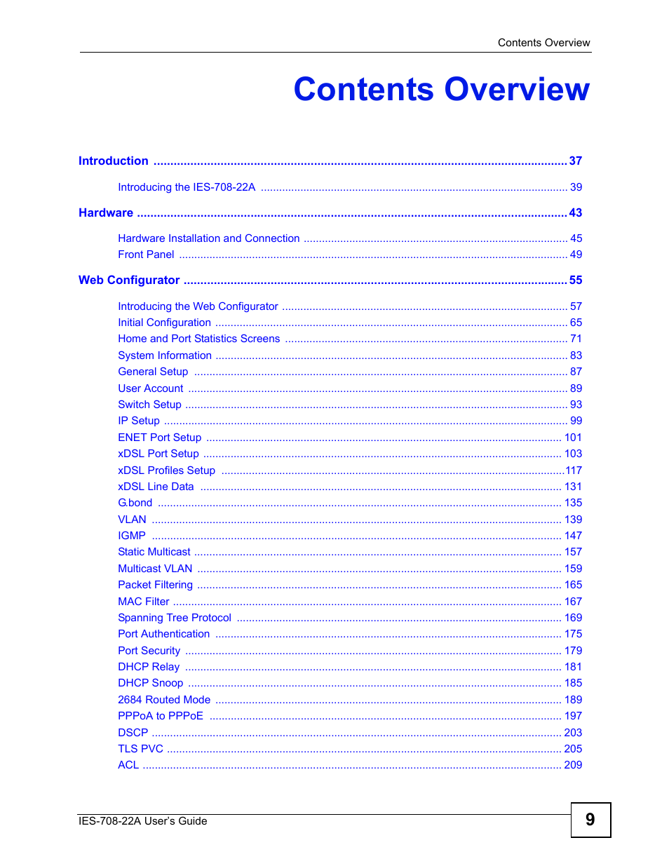 Contents overview | ZyXEL Communications IES-708-22A User Manual | Page 9 / 448
