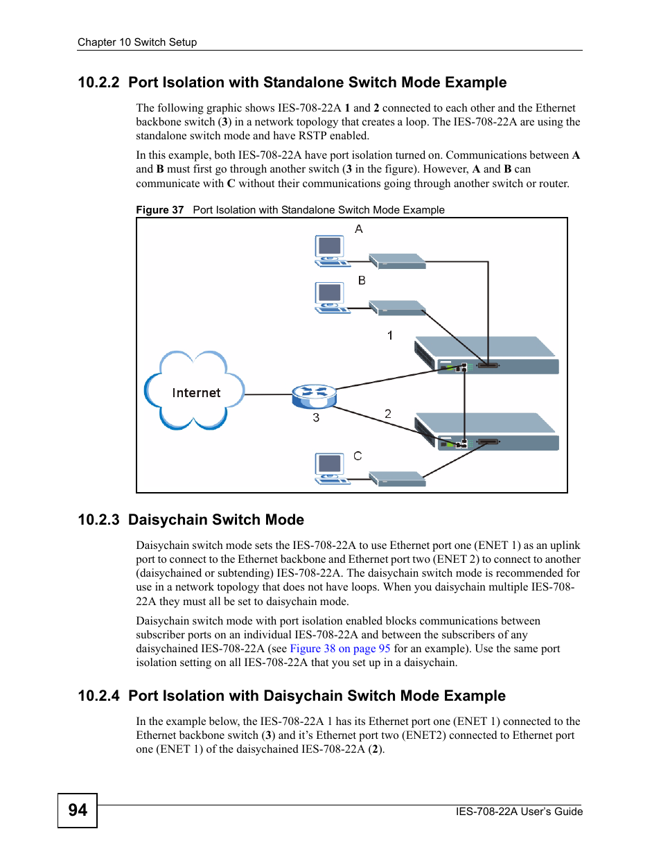 3 daisychain switch mode | ZyXEL Communications IES-708-22A User Manual | Page 94 / 448