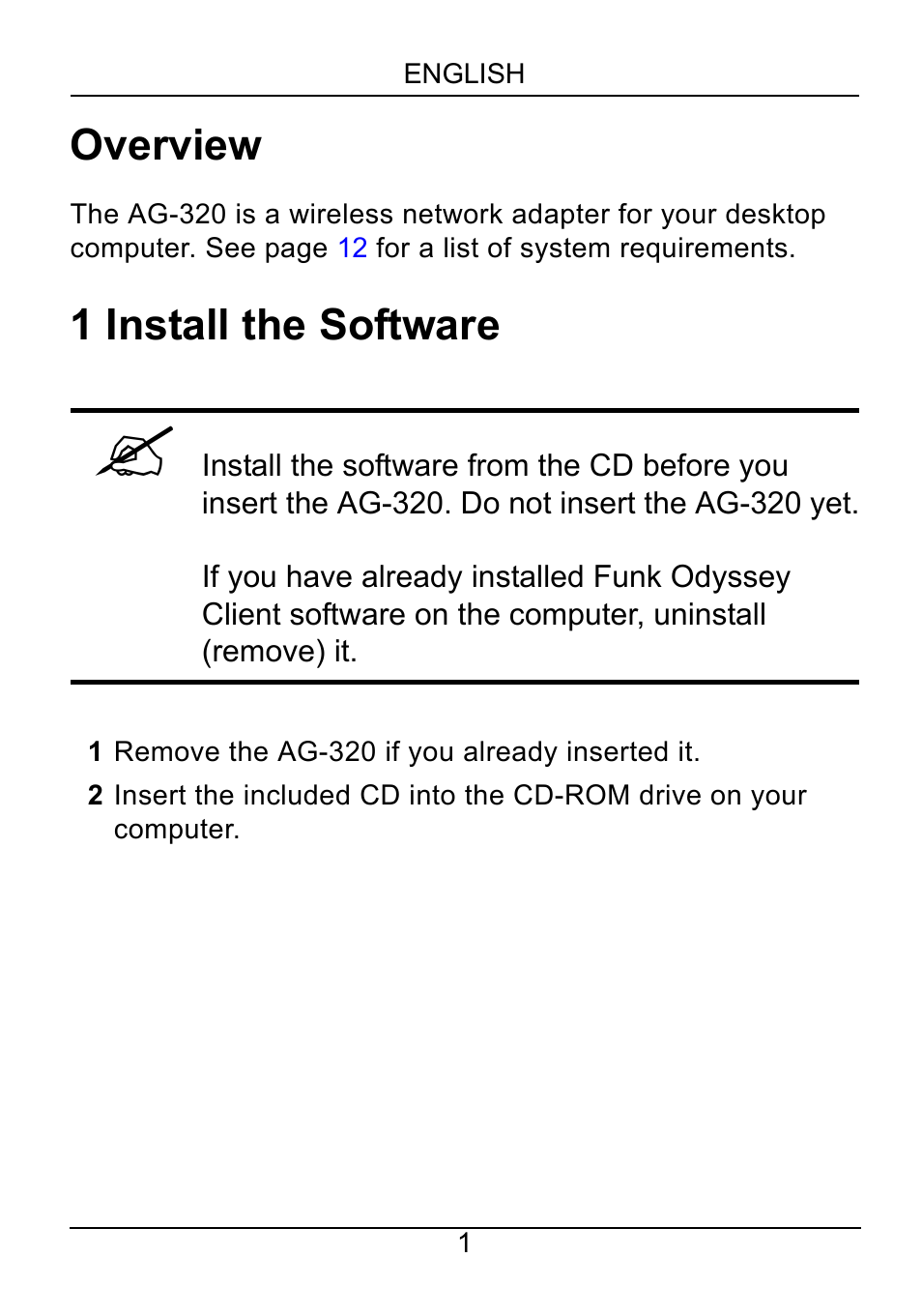 English, Overview, 1 install the software | ZyXEL Communications ZyXEL ZyAIR AG-320 User Manual | Page 2 / 90