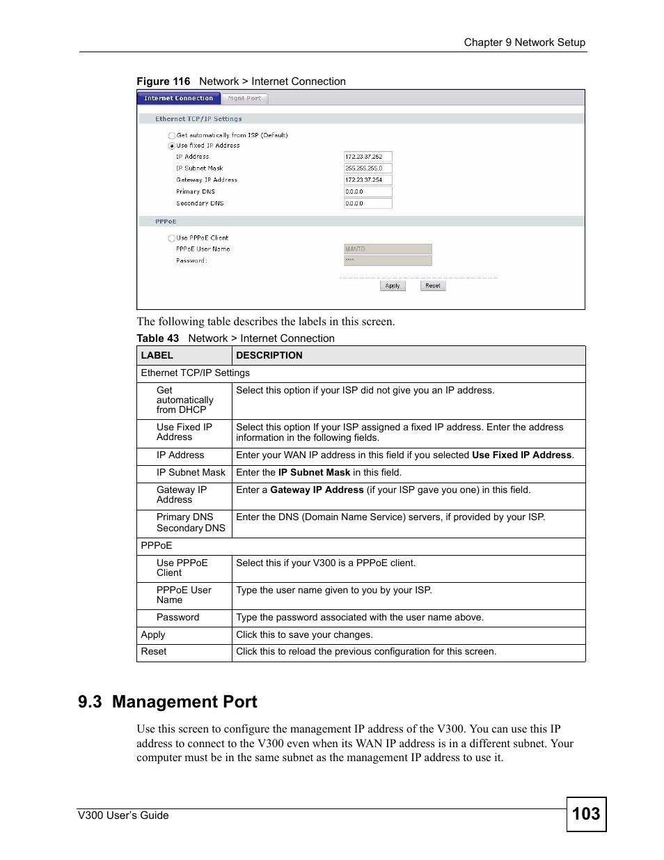 3 management port, Figure 116 network > internet connection, Table 43 network > internet connection | ZyXEL Communications V300 User Manual | Page 103 / 204