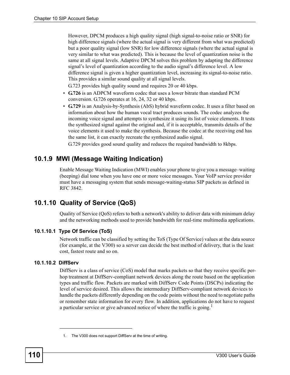 9 mwi (message waiting indication), 10 quality of service (qos) | ZyXEL Communications V300 User Manual | Page 110 / 204