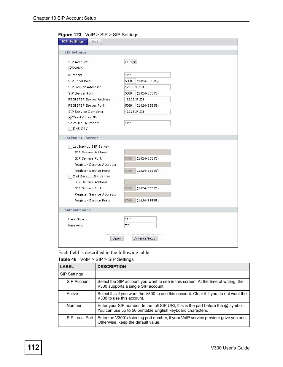 Figure 123 voip > sip > sip settings, Table 46 voip > sip > sip settings | ZyXEL Communications V300 User Manual | Page 112 / 204