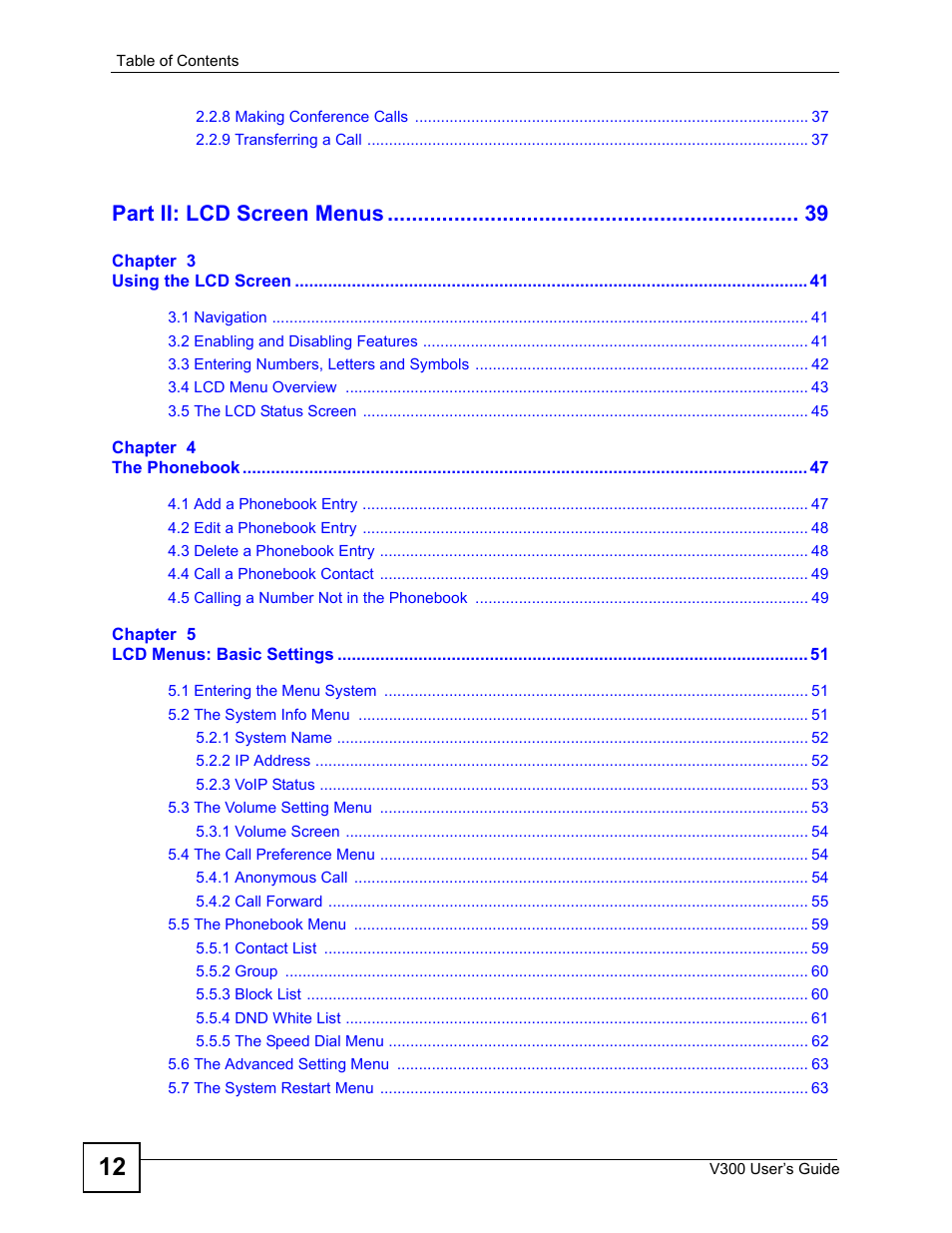 Part ii: lcd screen menus | ZyXEL Communications V300 User Manual | Page 12 / 204