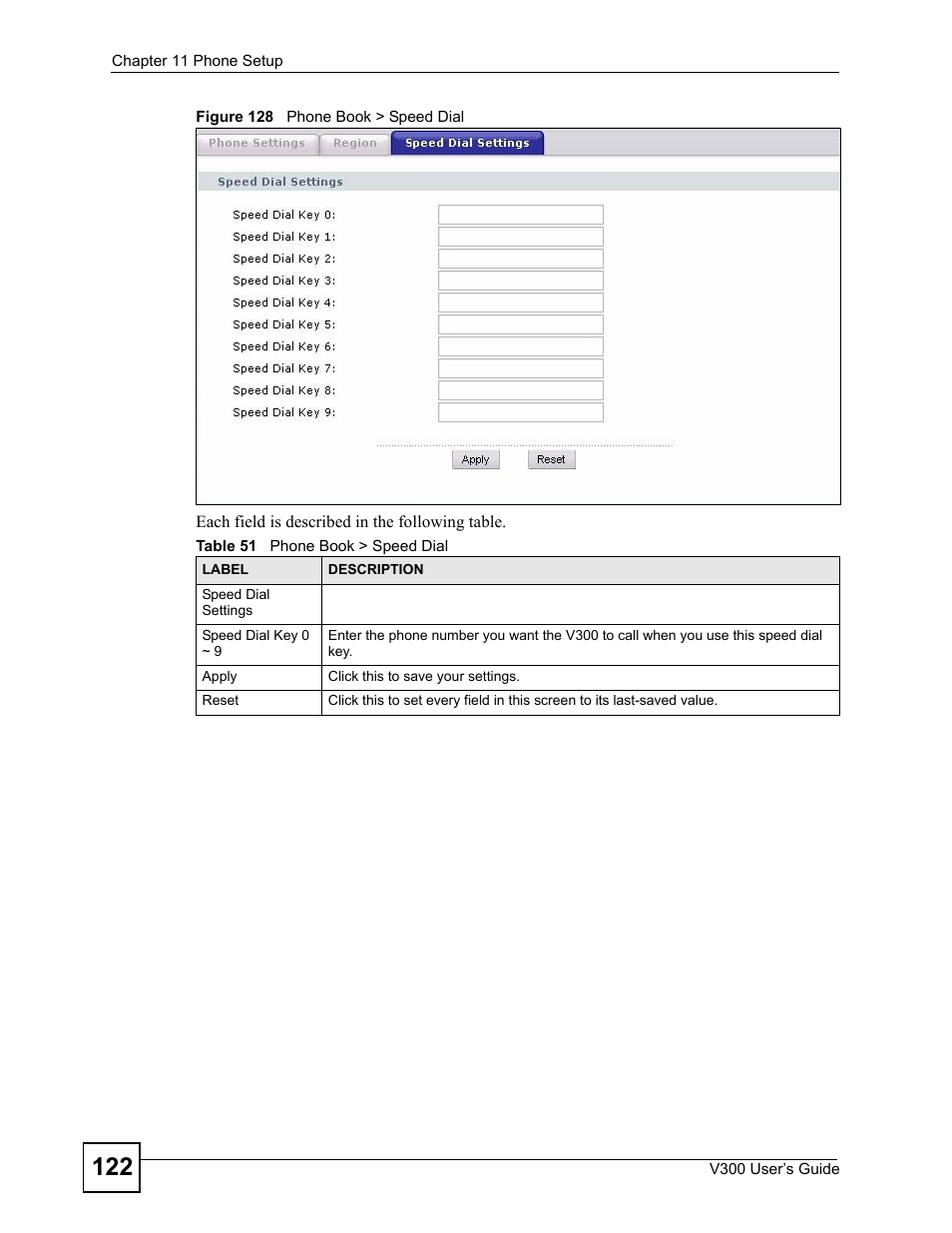 Figure 128 phone book > speed dial, Table 51 phone book > speed dial | ZyXEL Communications V300 User Manual | Page 122 / 204