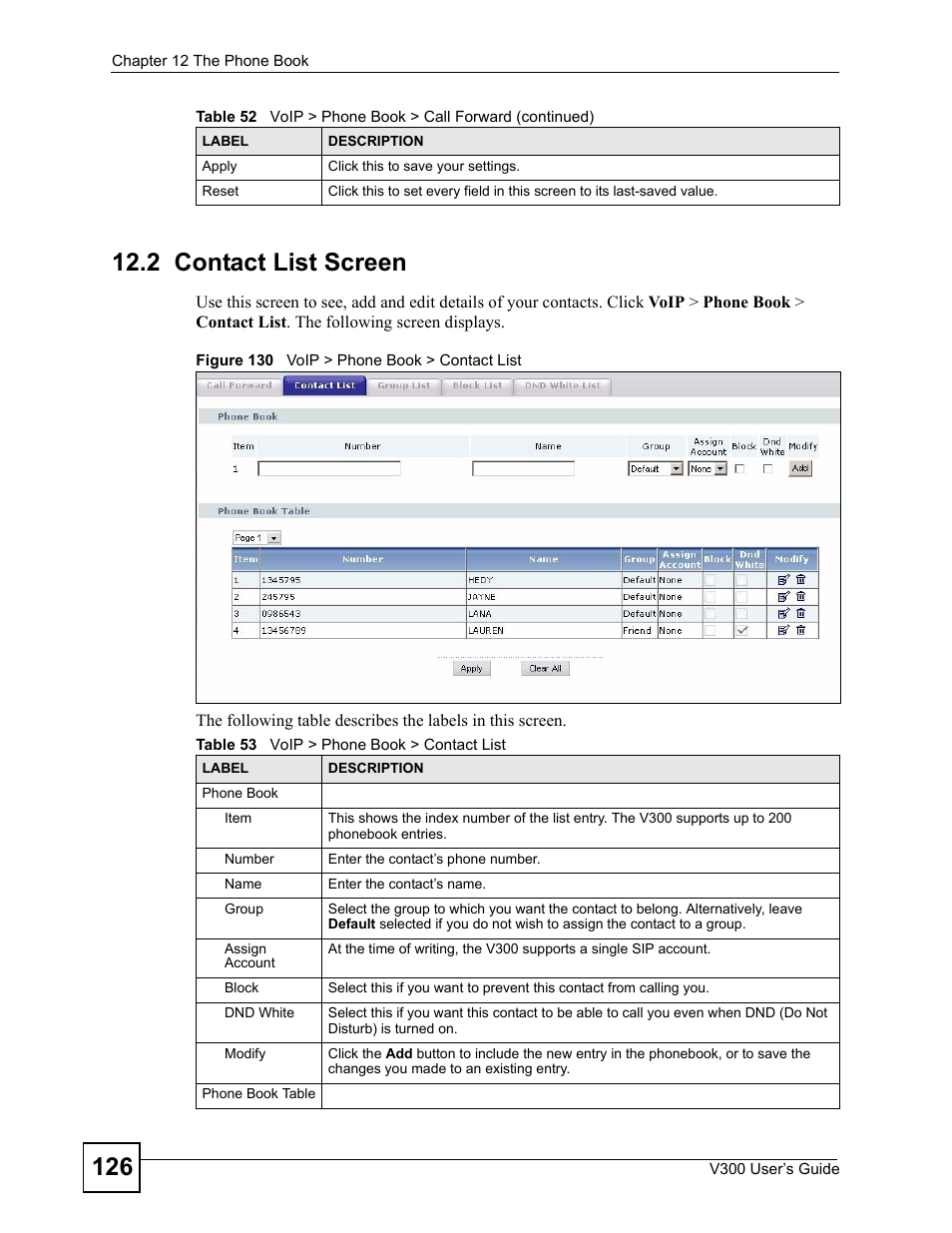 2 contact list screen, Figure 130 voip > phone book > contact list, Table 53 voip > phone book > contact list | ZyXEL Communications V300 User Manual | Page 126 / 204
