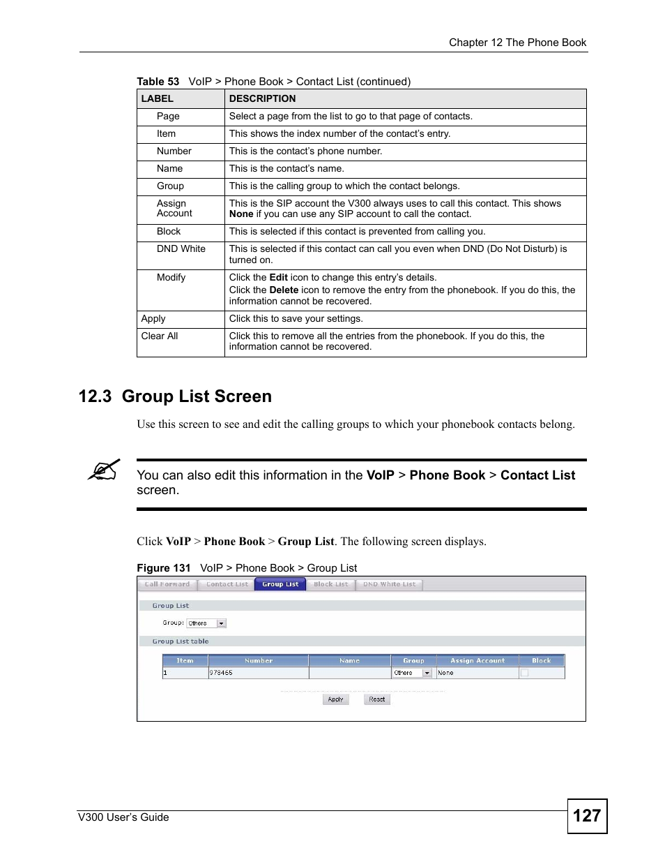 3 group list screen, Figure 131 voip > phone book > group list | ZyXEL Communications V300 User Manual | Page 127 / 204