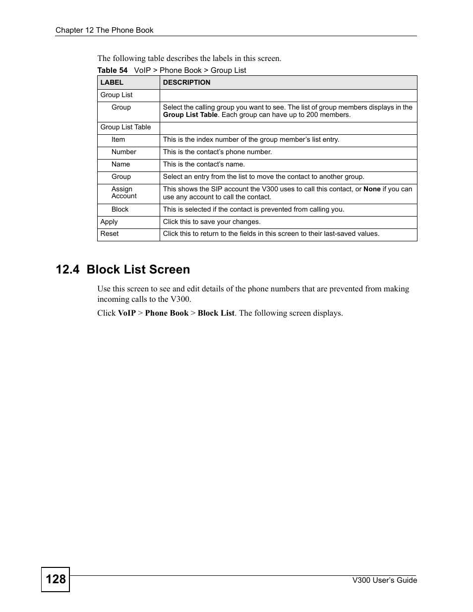 4 block list screen, Table 54 voip > phone book > group list | ZyXEL Communications V300 User Manual | Page 128 / 204