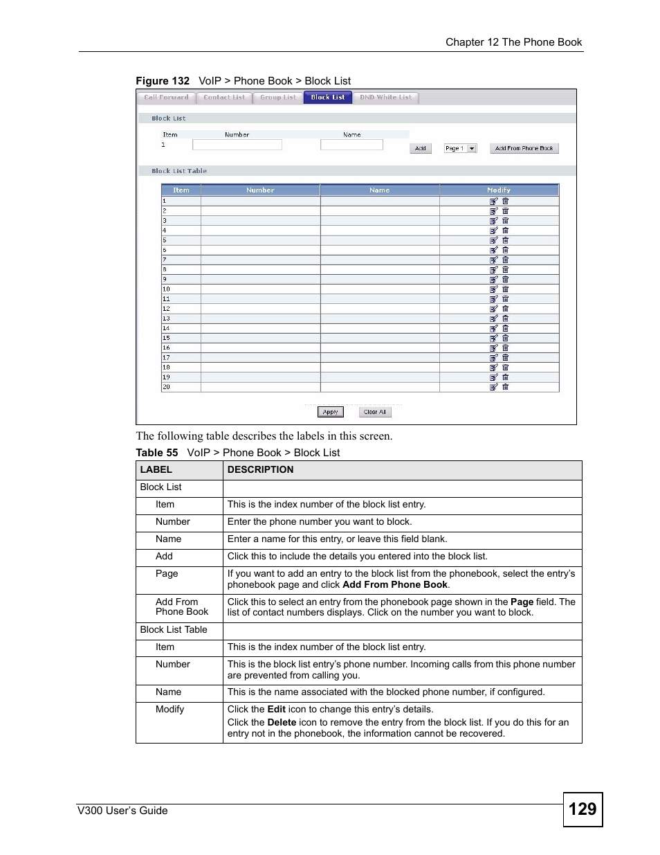 Figure 132 voip > phone book > block list, Table 55 voip > phone book > block list | ZyXEL Communications V300 User Manual | Page 129 / 204
