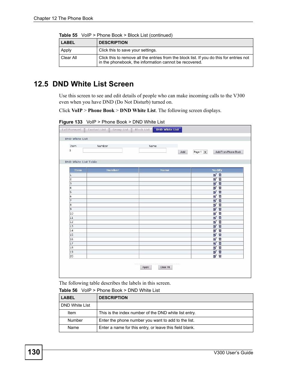 5 dnd white list screen, Figure 133 voip > phone book > dnd white list, Table 56 voip > phone book > dnd white list | ZyXEL Communications V300 User Manual | Page 130 / 204