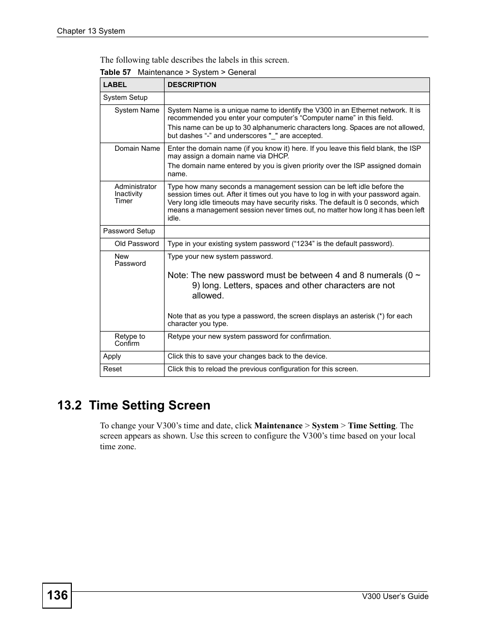 2 time setting screen, Table 57 maintenance > system > general | ZyXEL Communications V300 User Manual | Page 136 / 204