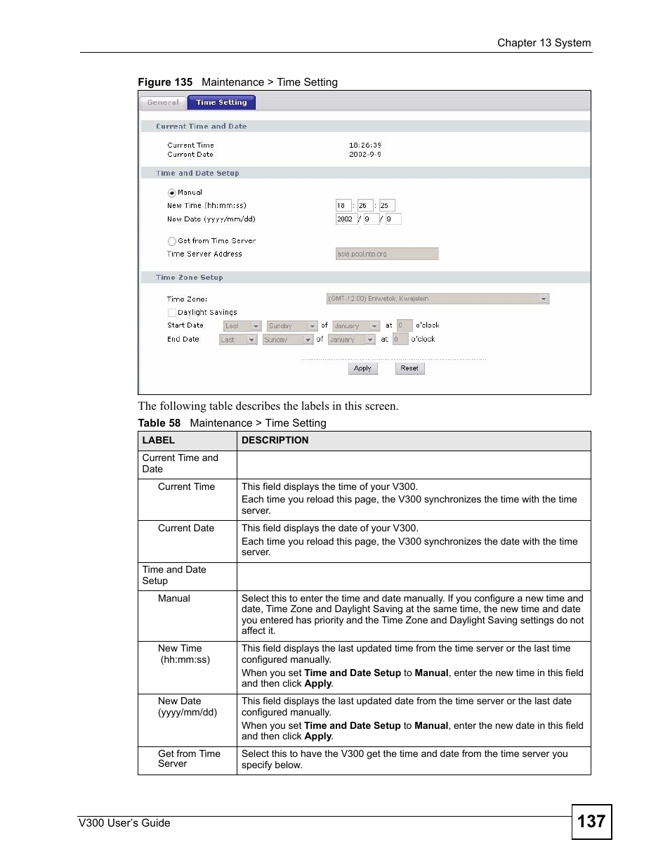 Figure 135 maintenance > time setting, Table 58 maintenance > time setting | ZyXEL Communications V300 User Manual | Page 137 / 204