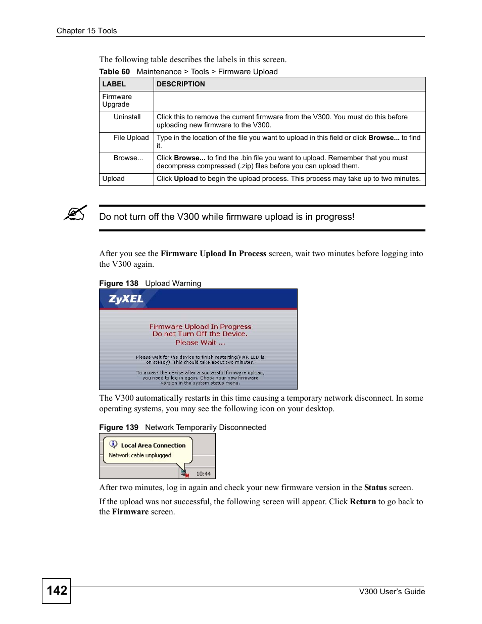 Table 60 maintenance > tools > firmware upload | ZyXEL Communications V300 User Manual | Page 142 / 204